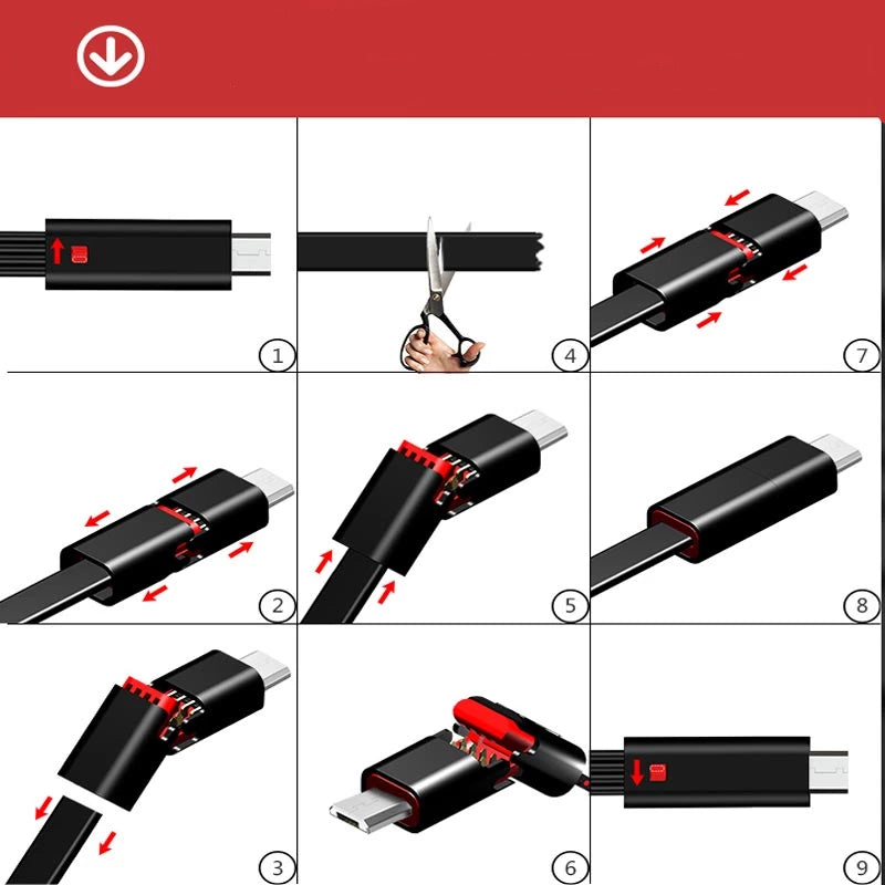 utilisation-cable-de-recharge-auto-réparable-et-recoupable-avec-plug-lightning-micro-usb-usb-c