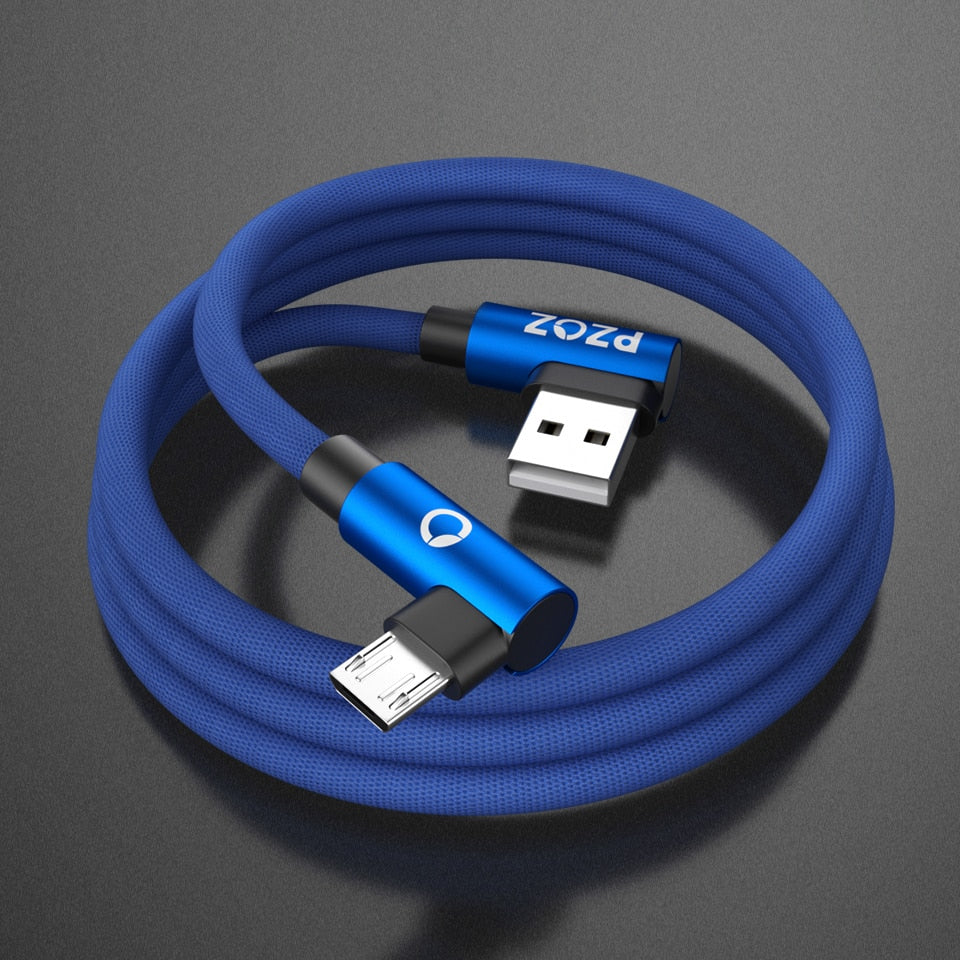 Cable USB vers micro usb tressé recharge rapide a angle bleu